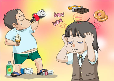 남자아이가 콜라, 아이스크림,단것들을 먹고 여자아이는 초콜렛,사탕,도넛츠를 상상하는 이미지