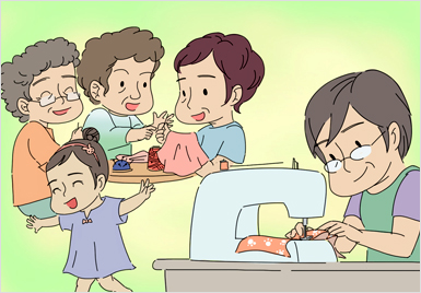 할머니가 가족들을 위해 옷을 만들고 있는 이미지