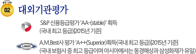 02 대외기관평가 S&P 신용등급평가 「 A+, Positive 」등급에서 「AA-, Stable」등급으로 상향 조정 (국내 최고 등급)/A.M. Best사 신용평가 2년 연속 최고등급 A++(Superior) 획득(아시아에서 동경해상과 삼성화재가 유일)