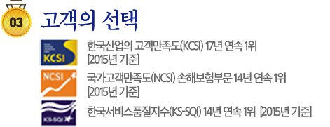 03 한국산업의 고객만족도(KCSI) 15년 연속 1위 / 국가고객만족도(NCSI) 손해보험부문 12년 연속 1위 / 한국서비스품질지수(KS-SQI) 12년 연속 1위 선정