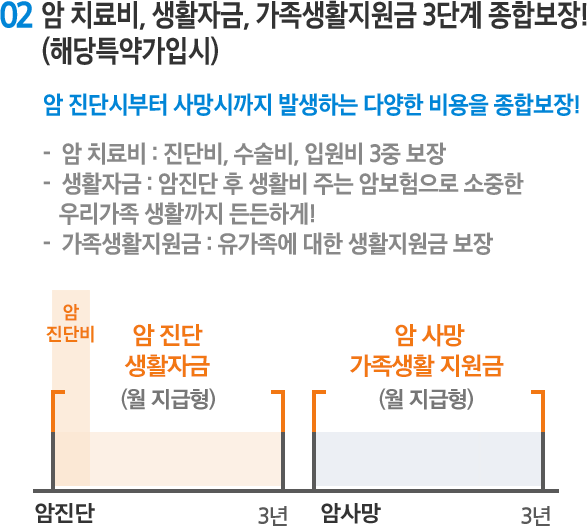 02 암 치료비, 생활자금, 가족생활지원금 3단계 종합보장! (해당특약가입시)