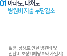 01 아파도, 다쳐도 병원비 지출 부담감소 : 질병.상해로 인한 병원비 및  각종진단비 보장! (해당특약가입시)