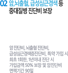 02 암,뇌출혈, 급성심근경색 등 중대질병 진단비 보장 : 암 진단비, 뇌출혈 진단비, 급성심근경색증진단비, 특약 가입 시 가입금액 보장
