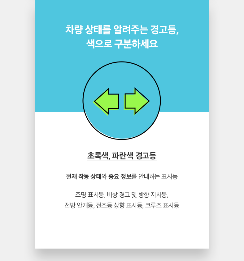 초록색, 파란색 경고등 - 현재 작동 상태와 중요 정보를 안내하는 표시등 : 조명 표시등, 비상 경고 및 방향 지시등, 전방 안개등, 전조등 상향 표시등, 크루즈 표시등