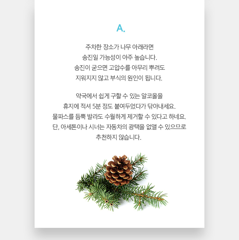 A. 주차한 장소가 나무 아래라면 송진일 가능성이 아주 높습니다. 송진이 굳으면 고압수를 아무리 뿌려도 지워지지 않고 부식의 원인이 됩니다.  약국에서 쉽게 구할 수 있는 알코올을 휴지에 적셔 5분 정도 붙여두었다가 닦아내세요. 물파스를 듬뿍 발라도 수월하게 제거할 수 있다고 하네요. 단, 아세톤이나 시너는 자동차의 광택을 없앨 수 있으므로 추천하지 않습니다. 