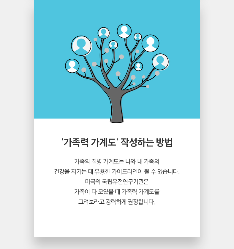 ‘가족력 가계도’ 작성하는 방법 가족의 질병 가계도는 나와 내 가족의 건강을 지키는 데 유용한 가이드라인이 될 수 있습니다. 미국의 국립유전연구기관은 가족이 다 모였을 때 가족력 가계도를 그려보라고 강력하게 권장합니다.