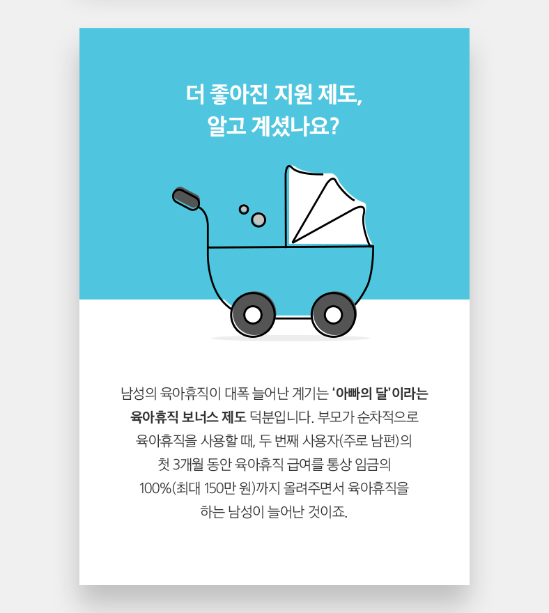 더 좋아진 지원 제도, 알고 계셨나요? 남성의 육아휴직이 대폭 늘어난 계기는 ‘아빠의 달’이라는 육아휴직 보너스 제도 덕분입니다. 부모가 순차적으로 육아휴직을 사용할 때, 두 번째 사용자(주로 남편)의 첫 3개월 동안 육아휴직 급여를 통상 임금의 100%(최대 150만 원)까지 올려주면서 육아휴직을 하는 남성이 늘어난 것이죠.