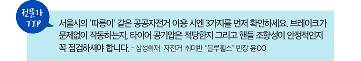 전문가 TIP 서울시의 ‘따릉이’ 같은 공공자전거 이용 시엔 3가지를 먼저 확인 하세요. 브레이크가 문제없이 작동하는지, 타이어 공기압은 적당 한지 그리고 핸들 조향성이 안정적인지 꼭 점검하셔야 합니다. - 삼성화재 사내 자전거 취미반 “블루휠스”반장 윤OO