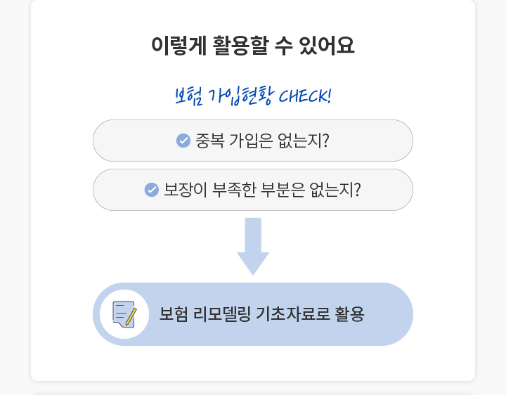 이렇게 활용할 수 있어요. 보험 가입현황 CHECK! 중복 가입은 없는지? 보장이 부족한 부분은 없는지? 보험 리모델링 기초자료로 활용