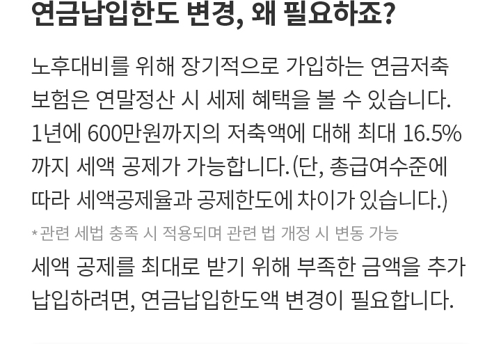 연금납입한도 변경, 왜 필요하죠? 노후대비를 위해 장기적으로 가입하는 연금저축보험은 연말정산 시 세제 혜택을 볼 수 있습니다. 1년에 600만원까지의 저축액에 대해 최대 16.5%까지 세액 공제가 가능합니다(단, 급여수준에 따라 세액공제율과 공제한도에 차이가 있습니다). 세액 공제를 최대로 받기 위해 부족한 금액을 추가 납입하려면, 연금납입한도액 변경이 필요합니다. * 관련 세법 충족 시 적용되며 관련 법 개정 시 변동 가능 