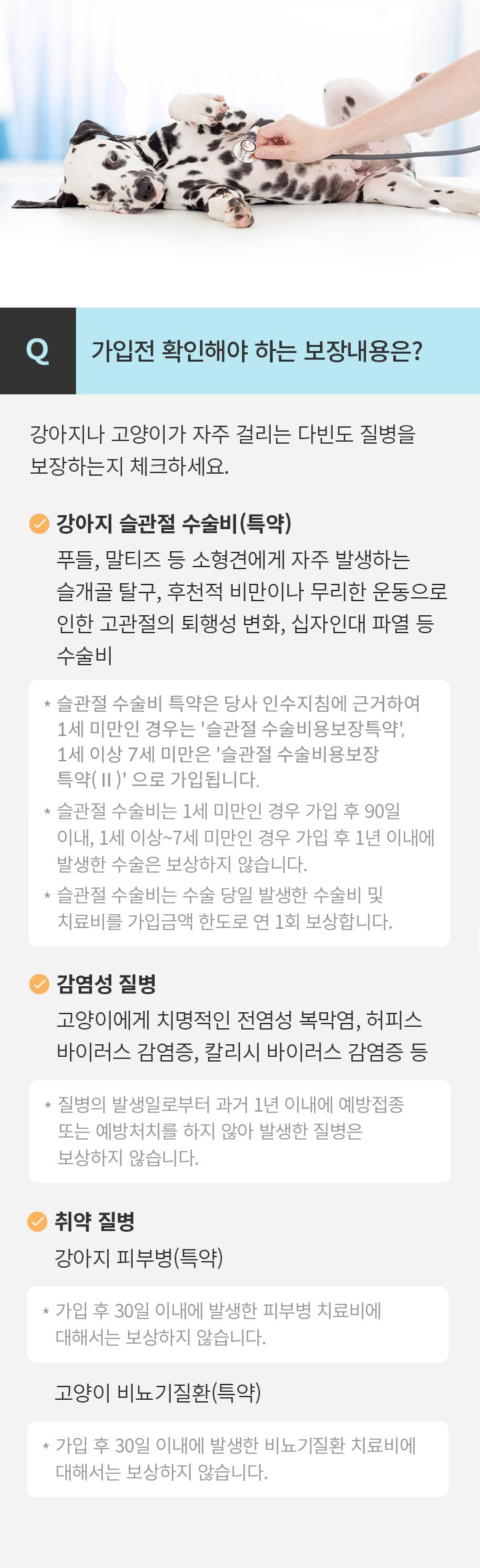 Q 가입 전 확인해야 하는 보장 내용은? 강아지나 고양이가 자주 걸리는 다빈도 질병을 보장하는지 체크하세요.