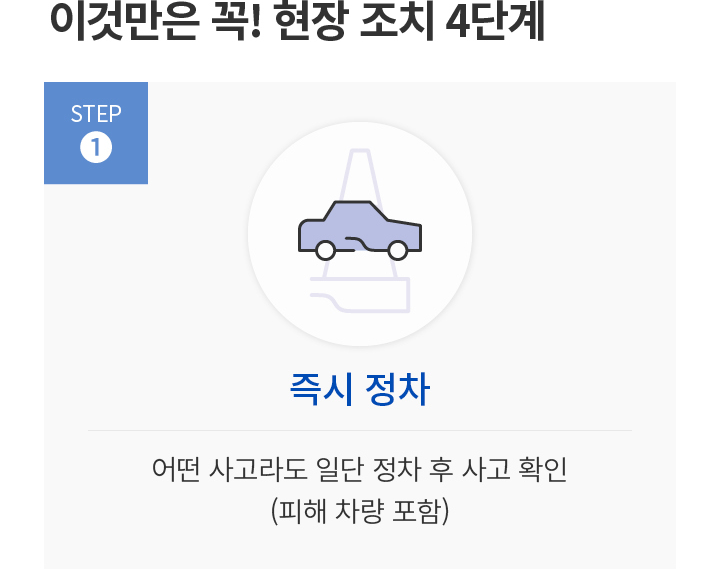 이것만은 꼭! 현장 조치 4단계. STEP 1. 즉시 정차. 어떤 사고라도 일단 정차 후 사고 확인 (피해 차량 포함)