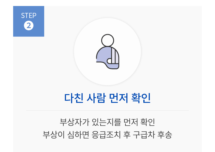 STEP 2. 다친 사람 먼저 확인. 부상자가 있는지를 먼저 확인 부상이 심하면 응급조치 후 구급차 후송