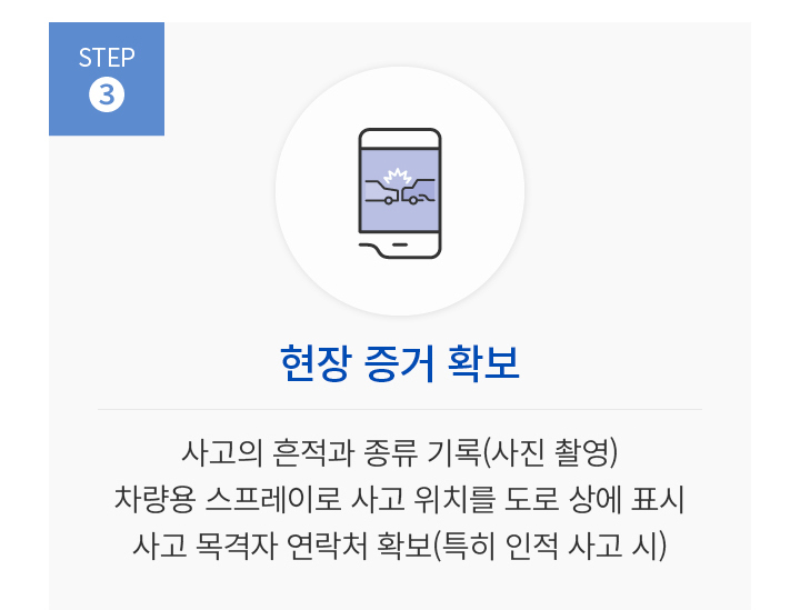 STEP 3. 현장 증거 확보. 사고의 흔적과 종류 기록(사진 촬영) 차량용 스프레이로 사고 위치를 도로 상에 표시 사고 목격자 연락처 확보(특히 인적 사고 시)