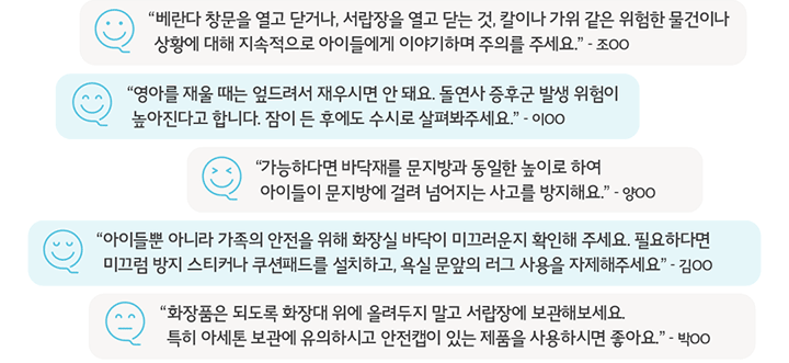 “영아를 재울 때는 엎드려서 재우시면 안 돼요. 돌연사 증후군 발생 위험이 높아진다고 합니다. 잠이 든 후에도 수시로 살펴봐주세요.” - 이OO,“가능하다면 바닥재를 문지방과 동일한 높이로 하여 아이들이 문지방에 걸려 넘어지는 사고를 방지해요.” - 양OO, “베란다 창문을 열고 닫거나, 서랍장을 열고 닫는 것, 칼이나 가위 같은 위험한 물건이나 상황에 대해 지속적으로 아이들에게 이야기하며 주의를 주세요.” - 조OO, “화장품은 되도록 화장대 위에 올려두지 말고 서랍장에 보관해보세요. 특히 아세톤 보관에 유의하시고 안전캡이 있는 제품을 사용하시면 좋아요.” - 박OO