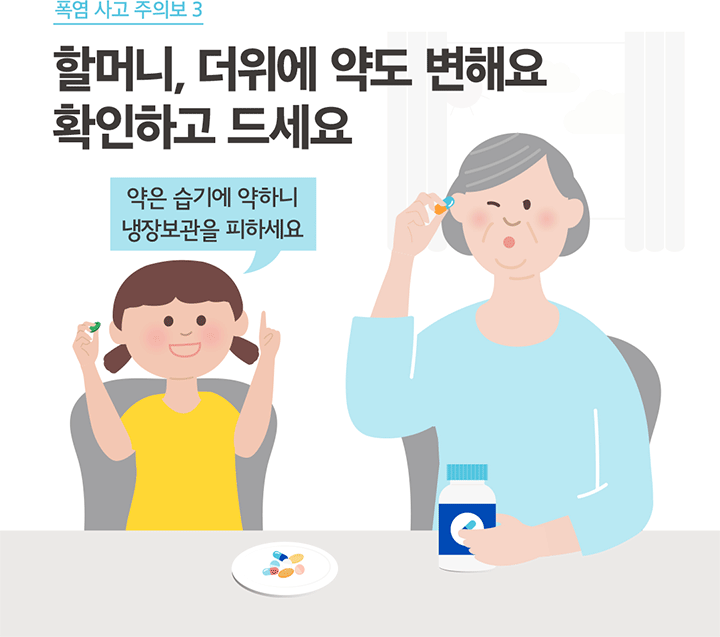 폭염 사고 주의보 3 할머니, 더위에 약도 변해요 확인하고 드세요 약은 습기에 약하니 냉장보관을 피하세요