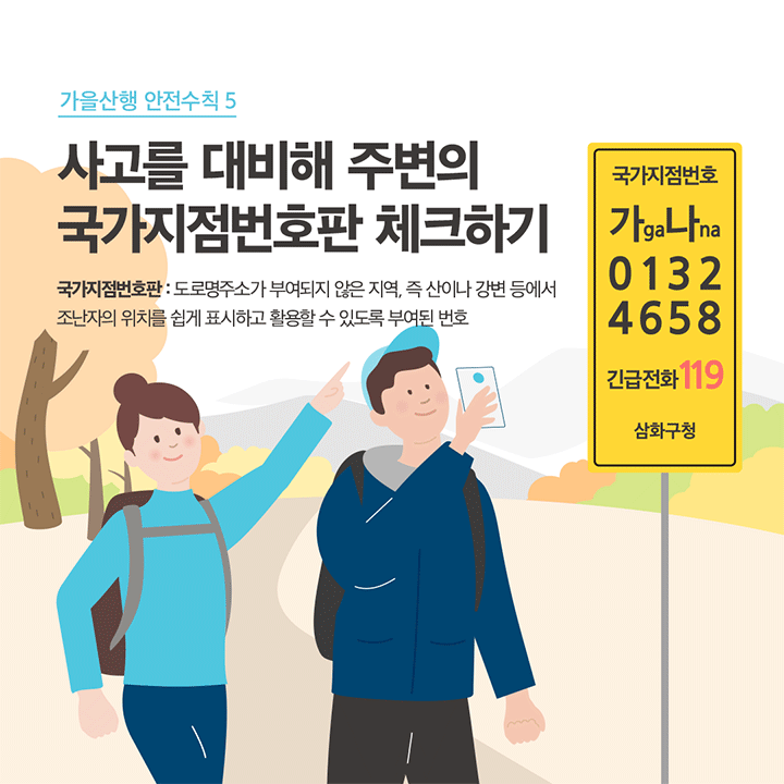 가을 산행 안전수칙 5 사고를 대비해 주변의 국가지점번호판 체크하기 국가지점번호판 : 도로명주소가 부여되지 않은 지역, 즉 산이나 강변 등에서 조난자의 위치를 쉽게 표시하고 활용할 수 있도록 부여된 번호