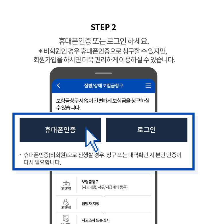 STEP 2 휴대폰 본인 인증 후 로그인하세요. *비회원도 청구할 수 경우 회원 가입을 하면 편리합니다.