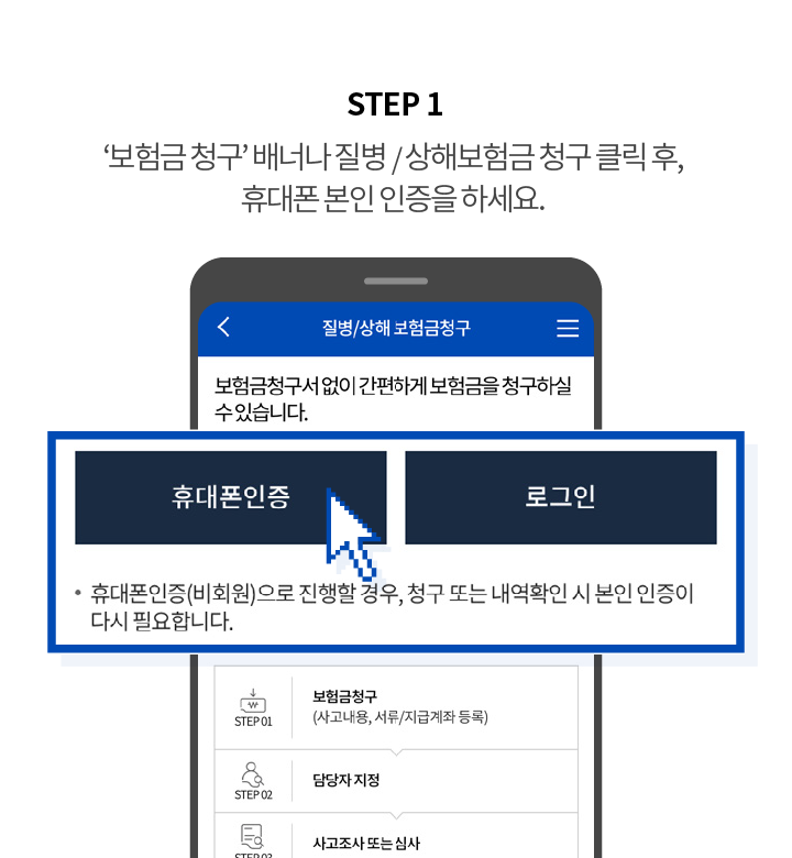 STEP 1 '보험금 청구' 배너나 질병/상해보험금 청구 클릭 후, 휴대폰 본인 인증을 하세요.