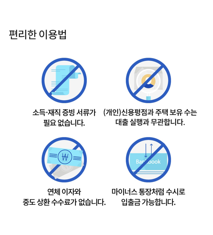 편리한 이용법 | 소득〮재직 증빙 서류가 필요 없습니다. (개인)신용평점과 주택 보유 수는 대출 실행과 무관합니다. 연체 이자와 중도 상환 수수료가 없습니다. 마이너스 통장처럼 수시로 입출금 가능합니다.