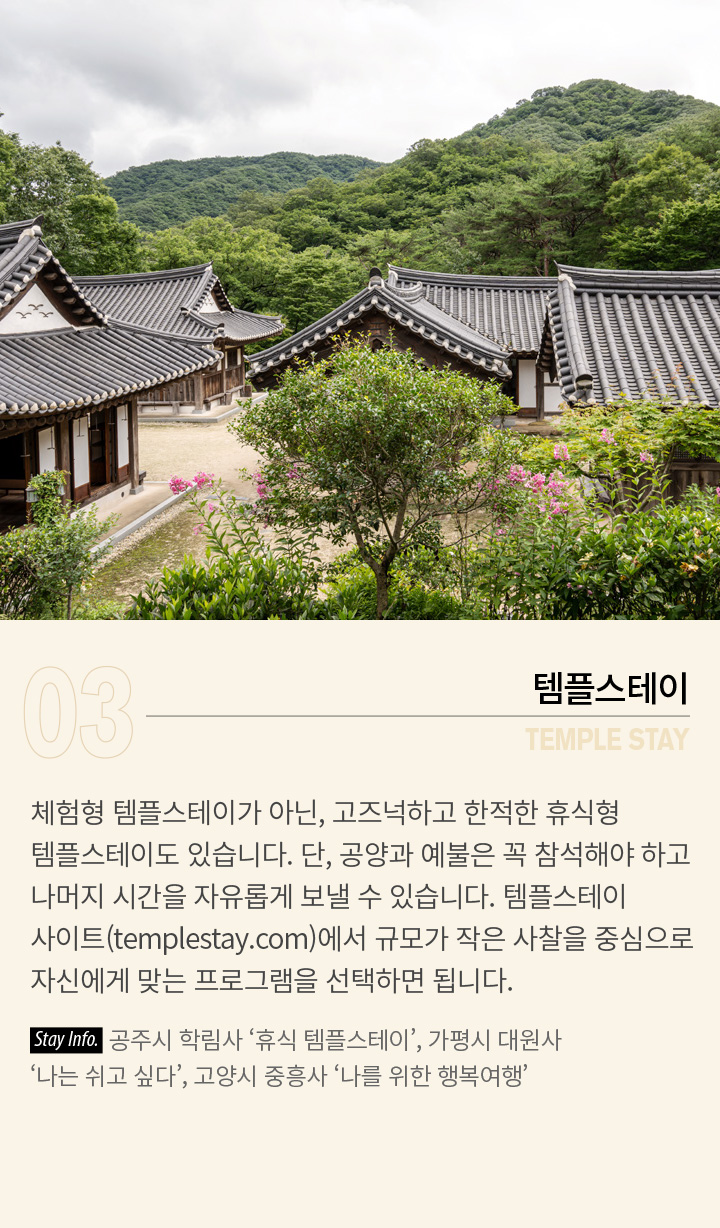 03 TEMPLE STAY - 템플스테이 | 체험형 템플스테이가 아닌, 고즈넉하고 한적한 휴식형 템플스테이도 있습니다. 단, 공양과 예불은 참석해야 하고 나머지 시간을 자유롭게 보낼 수 있습니다. 템플스테이  사이트(templestay.com)에서 규모가 작은 사찰을 중심으로 자신에게 맞는 프로그램을 선택하면 됩니다. Stay Info. 공주시 학림사 ‘휴식 템플스테이’, 가평시 대원사 ‘나는 쉬고 싶다’, 고양시 중흥사 ‘나를 위한 행복여행’