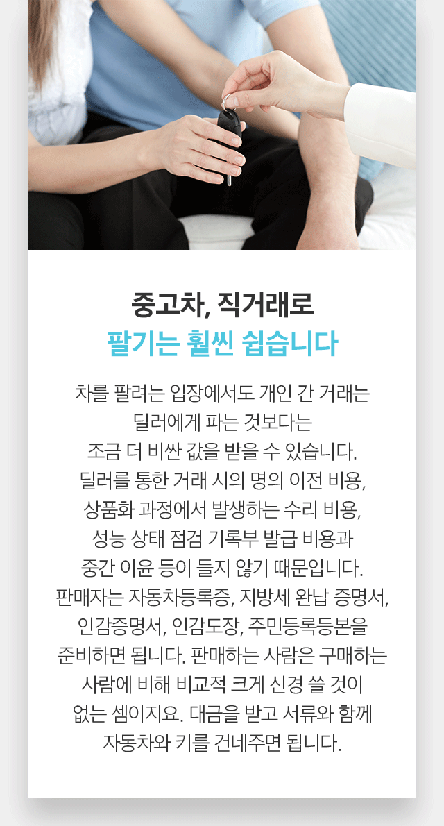 중고차, 직거래로 팔기는 훨씬 쉽습니다 차를 팔려는 입장에서도 개인 간 거래는 딜러에게 파는 것보다는 조금 더 비싼 값을 받을 수 있습니다. 딜러를 통한 거래 시의 명의 이전 비용, 상품화 과정에서 발생하는 수리 비용, 성능 상태 점검 기록부 발급 비용과 중간 이윤 등이 들지 않기 때문입니다. 판매자는 자동차등록증, 지방세 완납 증명서, 인감증명서, 인감도장, 주민등록등본을 준비하면 됩니다. 판매하는 사람은 구매하는 사람에 비해 비교적 크게 신경 쓸 것이 없는  셈이지요. 대금을 받고 서류와 함께 자동차와 키를 건네주면 됩니다.