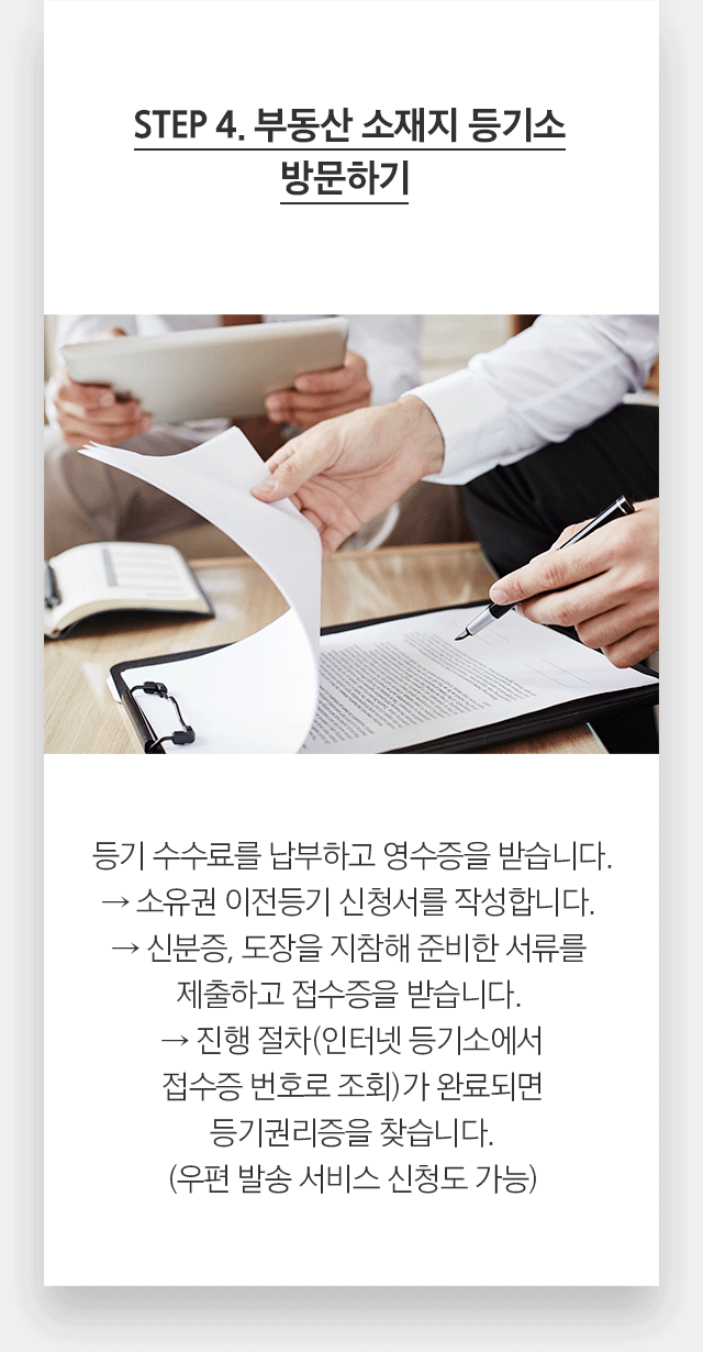 STEP 4. 부동산 소재지 등기소 방문하기 등기 수수료를 납부하고 영수증을 받습니다. → 소유권 이전등기 신청서를 작성합니다. → 신분증, 도장을 지참해 준비한 서류를 제출하고 접수증을 받습니다. → 진행 절차(인터넷 등기소에서 접수증 번호로 조회)가 완료되면 등기권리증을 찾습니다.(우편 발송 서비스 신청도 가능)