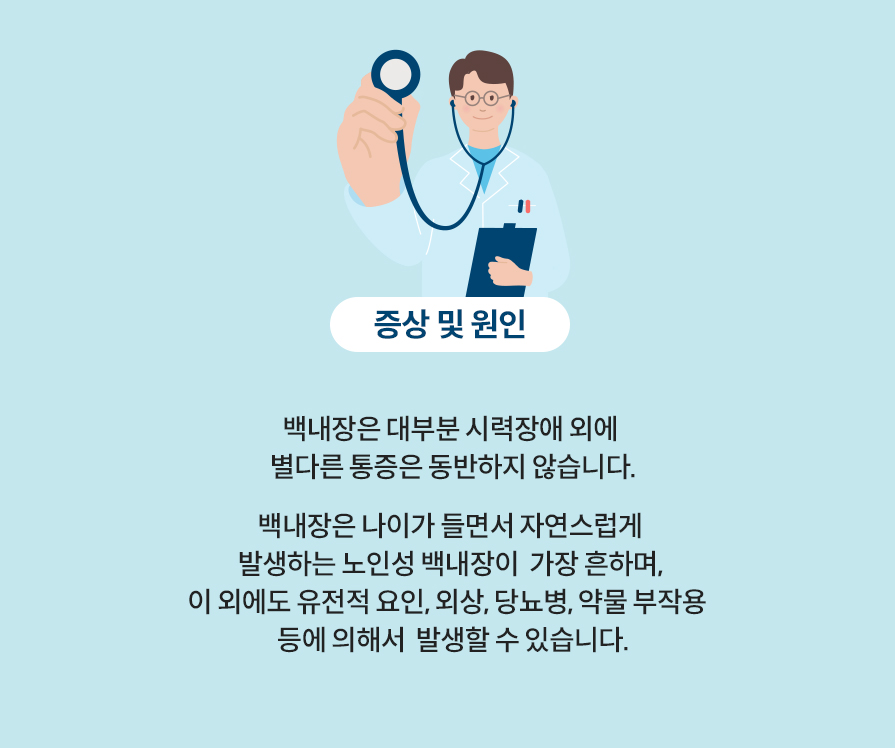 증상 및 원인: 백내장은 대부분 시력장애 외에 별다른 통증은 동반하지 않습니다. 백내장은 나이가 들면서 자연스럽게 발생하는 노인성 백내장이  가장 흔하며, 이 외에도 유전적 요인, 외상, 당뇨병, 약물 부작용 등에 의해서  발생할 수 있습니다.