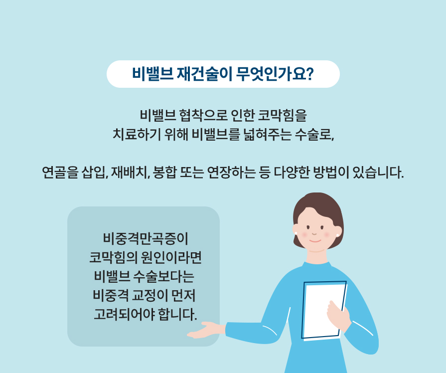 비밸브 재건술이 무엇인가요? 비밸브 협착으로 인한 코막힘을 치료하기 위해 비밸브를 넓혀주는 수술로, 연골을 삽입, 재배치, 봉합 또는 연장하는 등 다양한 방법이 있습니다. 비중격만곡증이 코막힘의 원인이라면  비밸브 수술보다는 비중격 교정이 먼저 고려되어야 합니다.