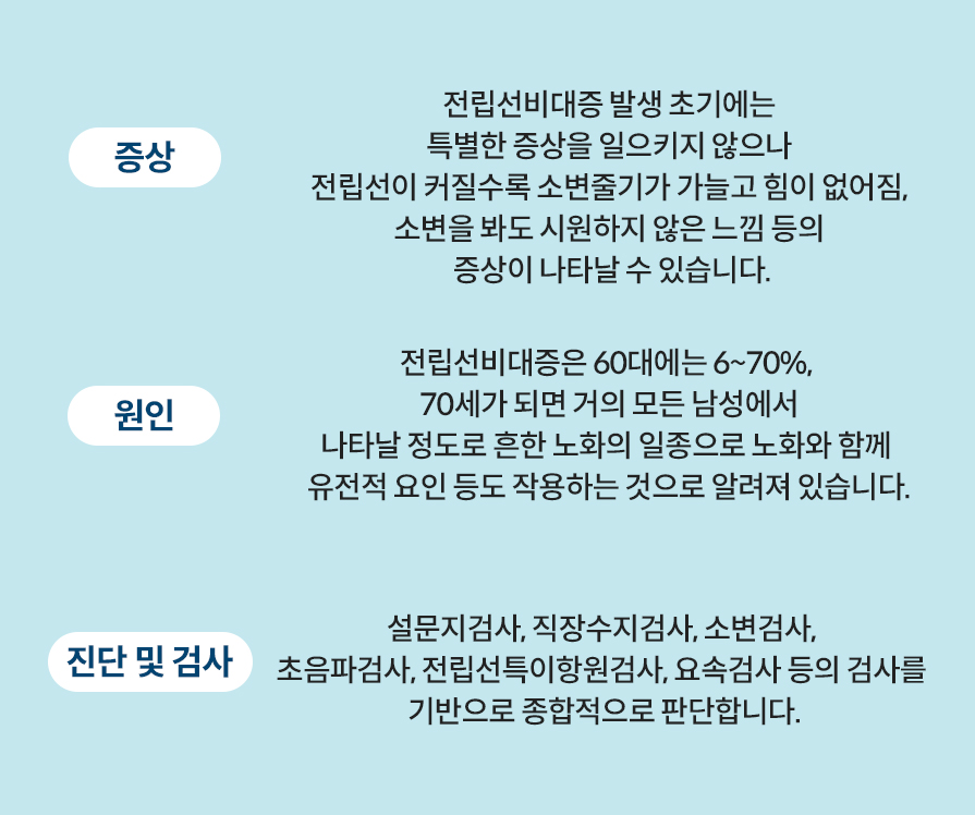 증상: 전립선비대증 발생 초기에는 특별한 증상을 일으키지 않으나 전립선이 커질수록 소변줄기가 가늘고 힘이 없어짐, 소변을 봐도 시원하지 않은 느낌 등의 증상이 나타날 수 있습니다. 원인: 전립선비대증은 60대에는 6~70%, 70세가 되면 거의 모든 남성에서 나타날 정도로 흔한 노화의 일종으로 노화와 함께 유전적 요인 등도 작용하는 것으로 알려져 있습니다. 진단 및 검사: 설문지검사, 직장수지검사, 소변검사, 초음파검사, 전립선특이항원검사, 요속검사 등의 검사를 기반으로 종합적으로 판단합니다.