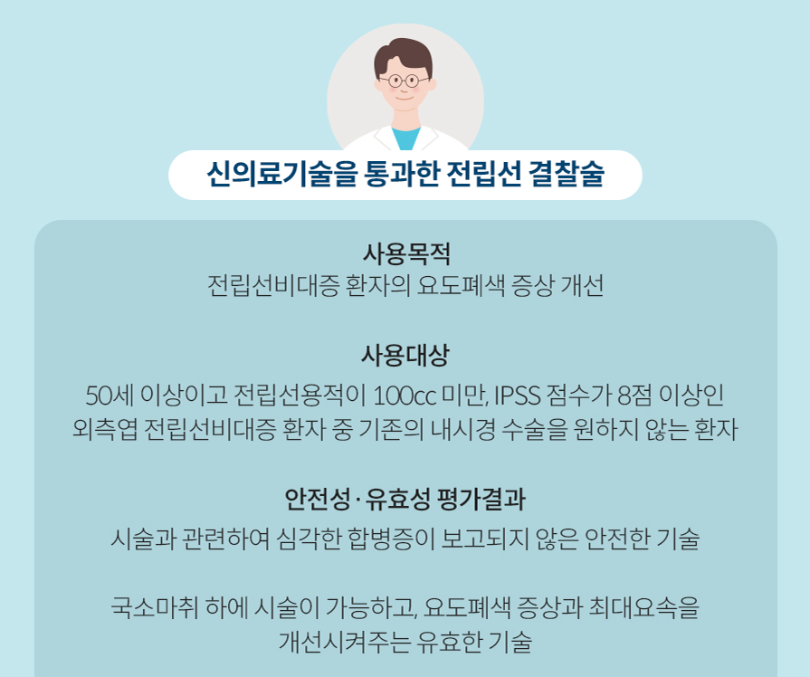 신의료기술을 통과한 전립선 결찰술. 사용목적- 전립선비대증 환자의 요도폐색 증상 개선, 사용대상- 50세 이상이고 전립선용적이 100cc 미만, IPSS 점수가 8점 이상인 외측엽 전립선비대증 환자 중 기존의 내시경 수술을 원하지 않는 환자, 안전성·유효성 평가결과-시술과 관련하여 심각한 합병증이 보고되지 않은 안전한 기술 국소마취 하에 시술이 가능하고, 요도폐색 증상과 최대요속을 개선시켜주는 유효한 기술