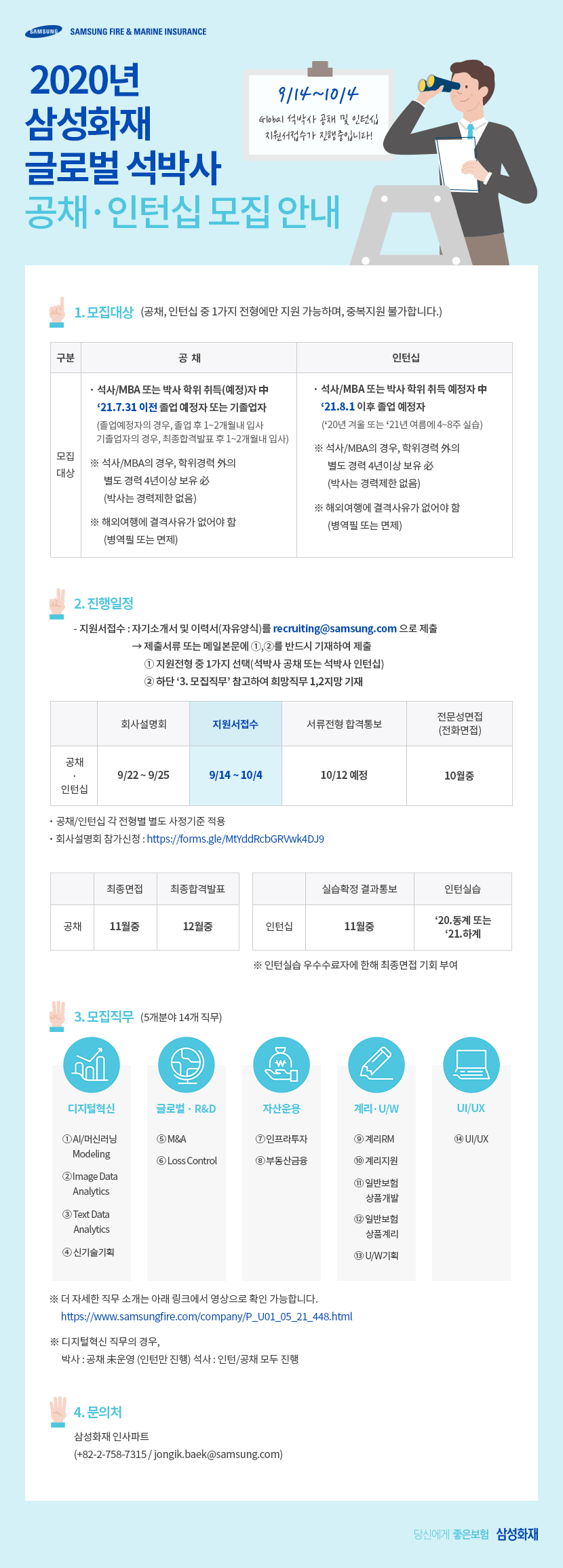 2020년 삼성화재 글로벌 석박사 공채·인턴십 모집 안내 9/14 ~ 10/4 glbal 석박사 공채 및 인턴십 지원서접수가 진행중입니다.