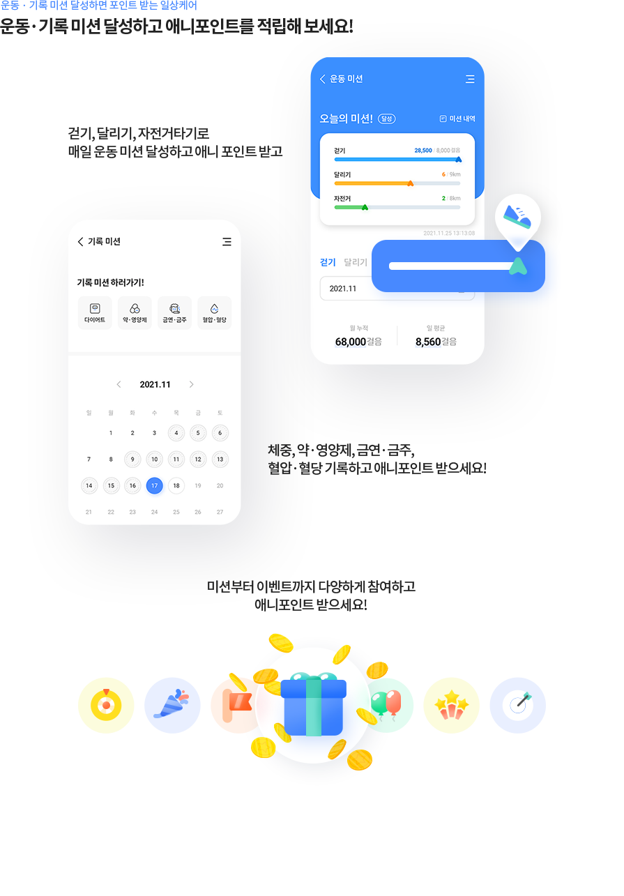 운동·기록 미션 달성하면 포인트 받는 일상케어 운동·기록 미션 달성하고 애니포인트를 적립해 보세요!