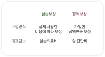 손보상 정액보상 보상방식 대표담보 표