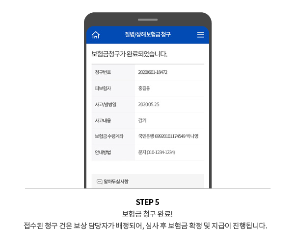 STEP 5 보험금 청구 완료! 접수된 청구 건은 보상 담당자가 배정되어, 심사 후 보험금 확정 및 지급이 진행됩니다.