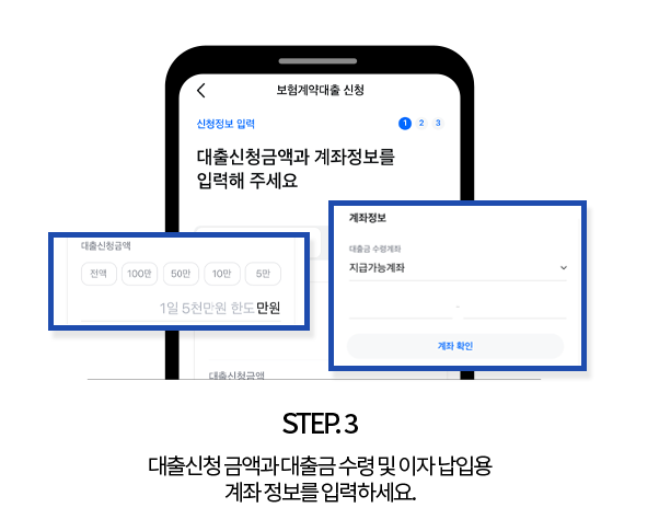 STEP 3 신청 금액과 대출금 수령 및 이자 납입용 계좌 정보를 입력하세요.