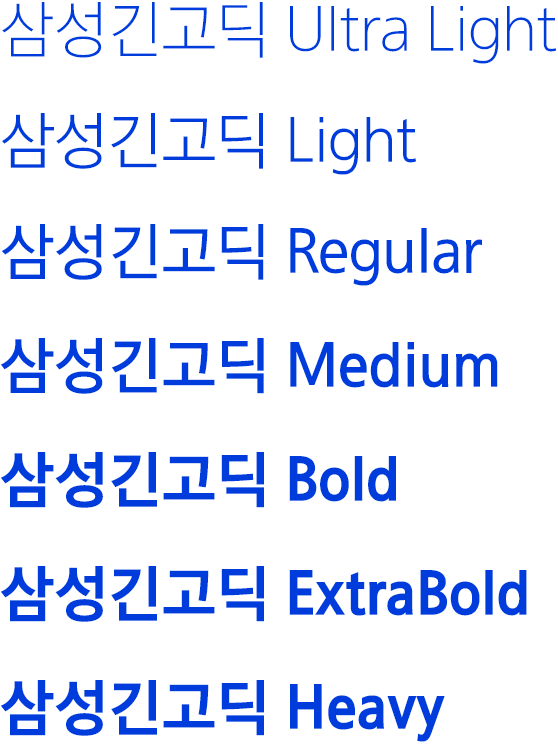 삼성긴고딕이란 문장을 Ultra Light, Light, Regular, Medium, Bold, Extra Bold, Heavy 단계를 삼성긴고딕 서체로 표현